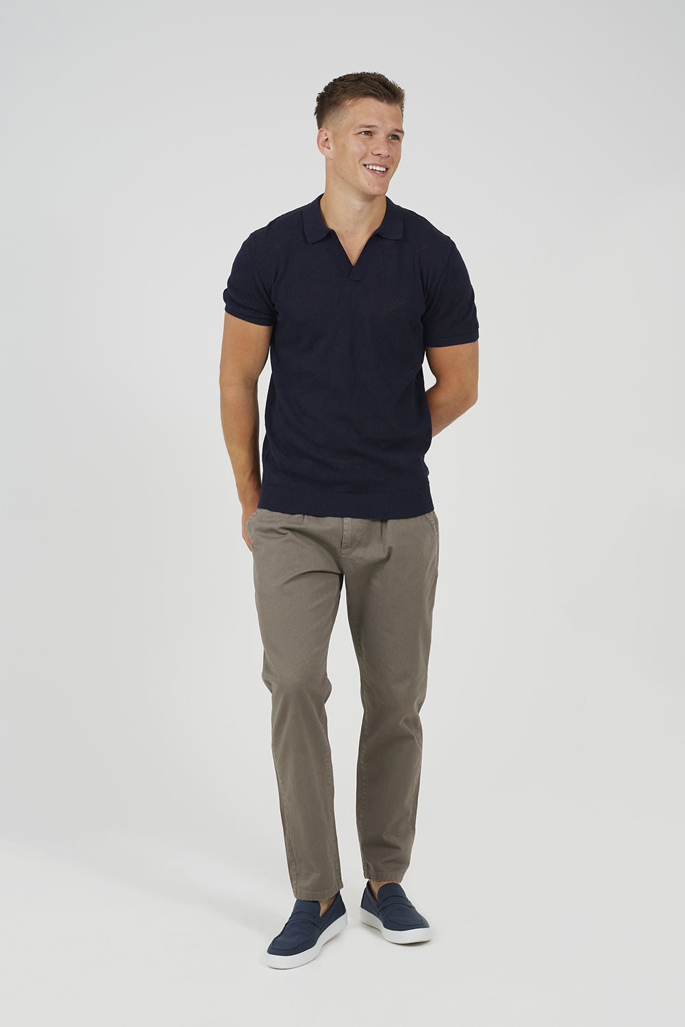 Brave Soul Navy Open Collar Knitted Polo Shirt - Navy Image 3