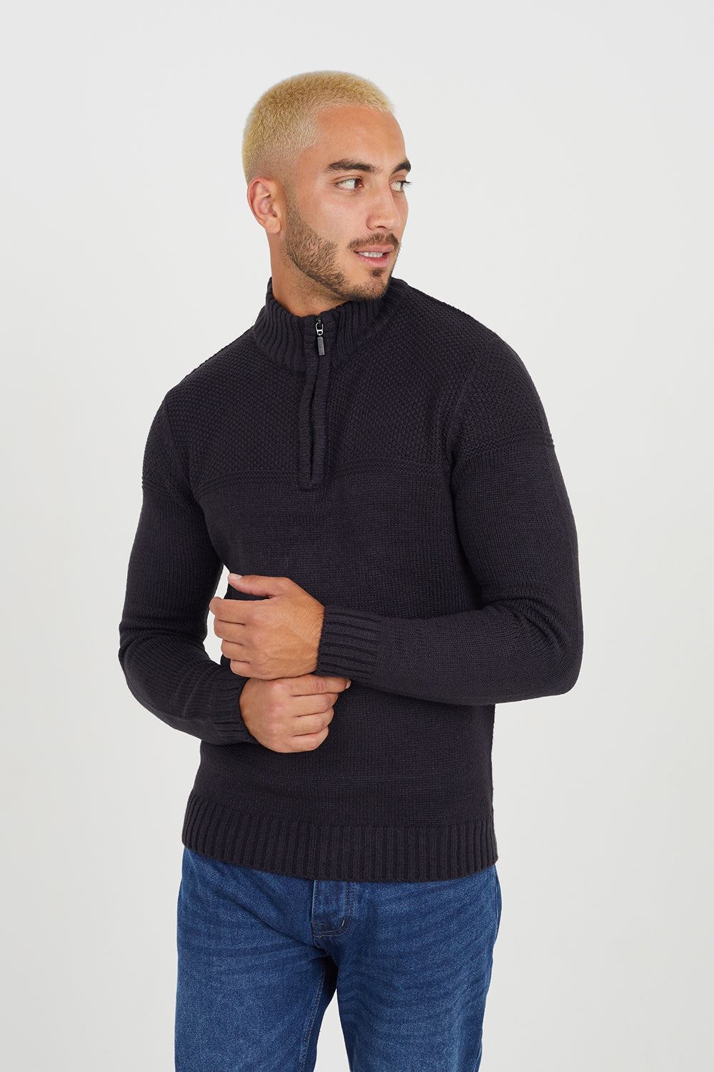 Brave Soul Midnight Quarter Zip Neck Waffle Knit Jumper - Midnight Image 1
