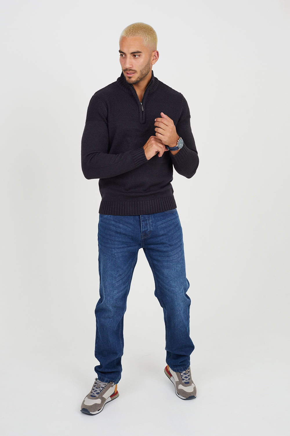 Brave Soul Midnight Quarter Zip Neck Waffle Knit Jumper - Midnight Image 3