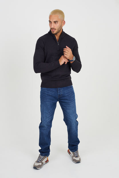 Brave Soul Midnight Quarter Zip Neck Waffle Knit Jumper - Midnight Image 3