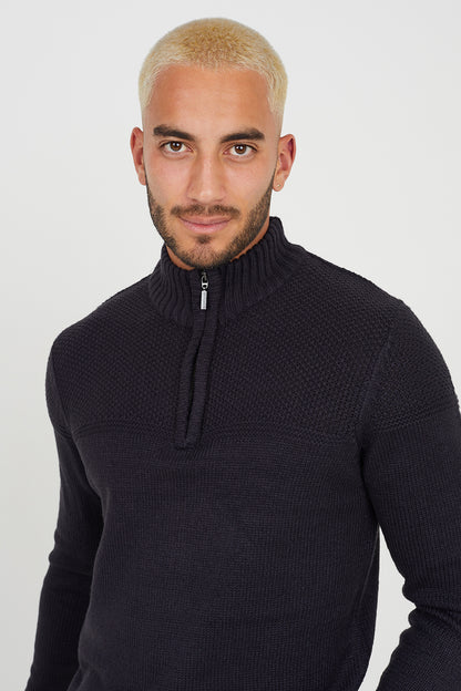 Brave Soul Midnight Quarter Zip Neck Waffle Knit Jumper - Midnight Image 4
