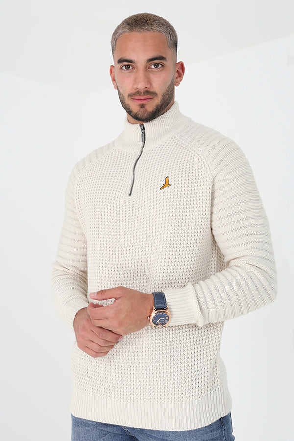 Brave Soul Ecru Quarter Zip Waffle Knit Jumper - Ecru Image 1