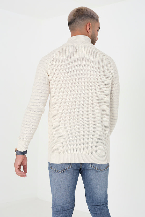 Brave Soul Ecru Quarter Zip Waffle Knit Jumper - Ecru Image 2