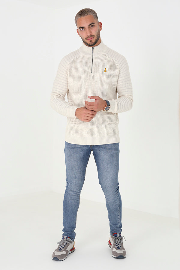 Brave Soul Ecru Quarter Zip Waffle Knit Jumper - Ecru Image 3