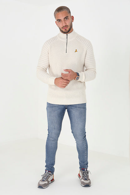 Brave Soul Ecru Quarter Zip Waffle Knit Jumper - Ecru Image 3