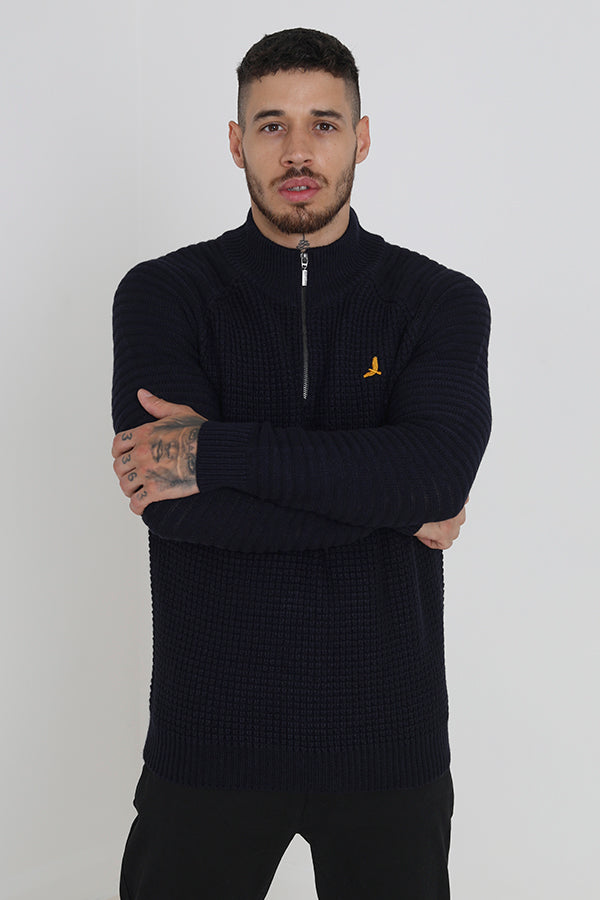 Brave Soul Midnight Quarter Zip Waffle Knit Jumper - Midnight Image 1