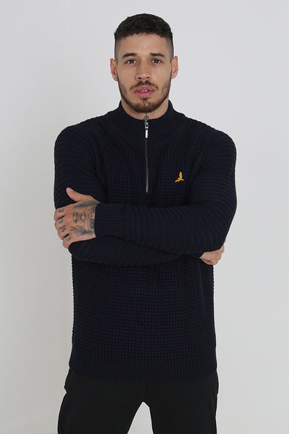 Brave Soul Midnight Quarter Zip Waffle Knit Jumper - Midnight Image 1