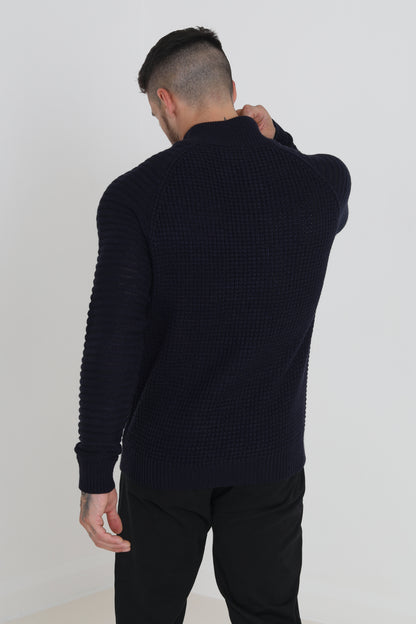Brave Soul Midnight Quarter Zip Waffle Knit Jumper - Midnight Image 2