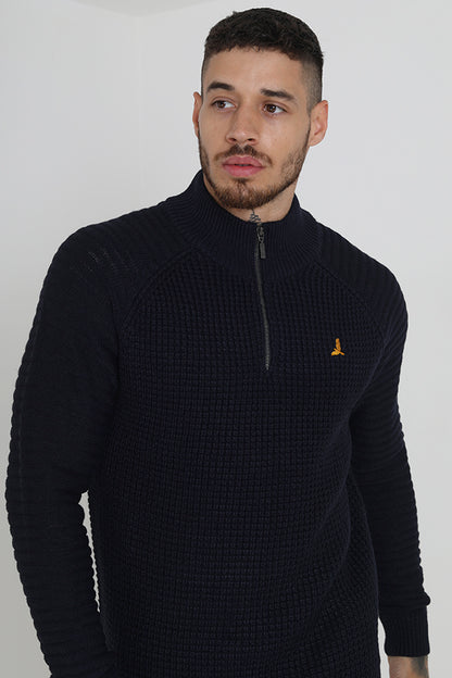 Brave Soul Midnight Quarter Zip Waffle Knit Jumper - Midnight Image 3