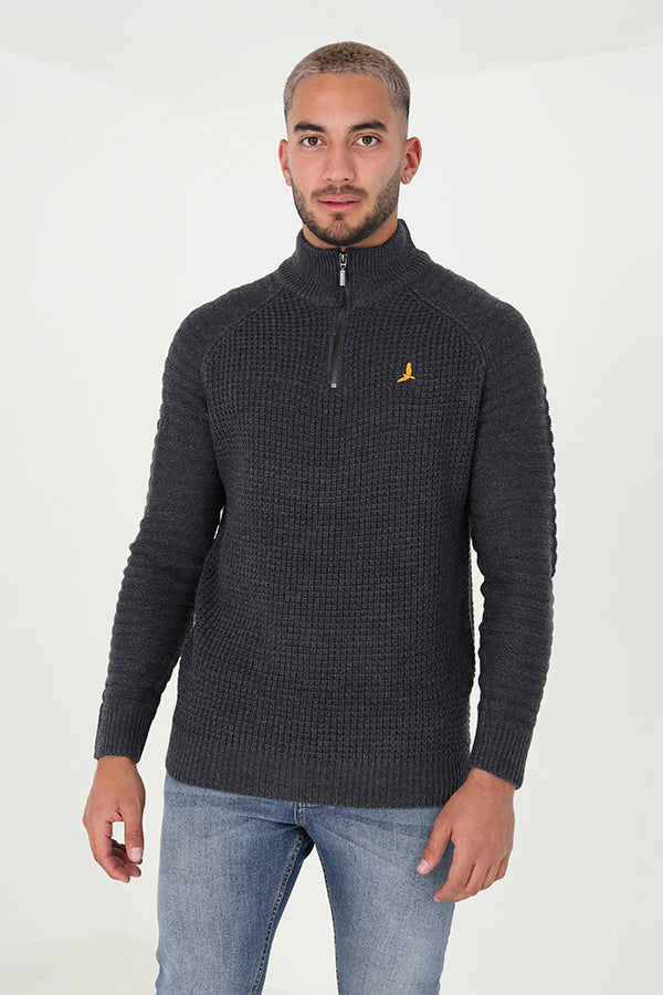 Brave Soul Dark Grey Quarter Zip Waffle Knit Jumper - Dark Grey Image 1