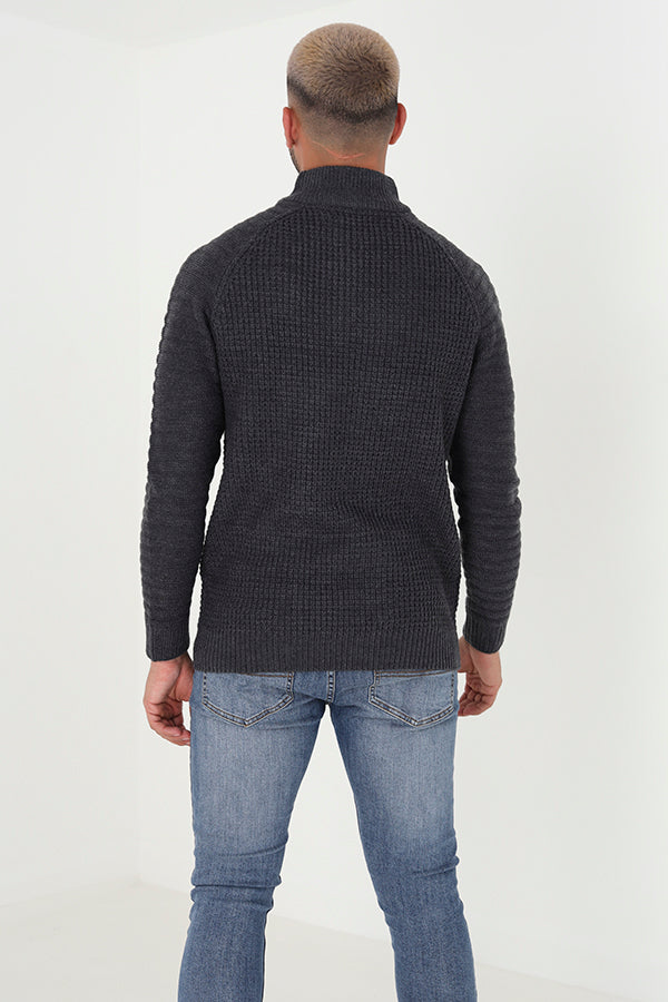 Brave Soul Dark Grey Quarter Zip Waffle Knit Jumper - Dark Grey Image 2