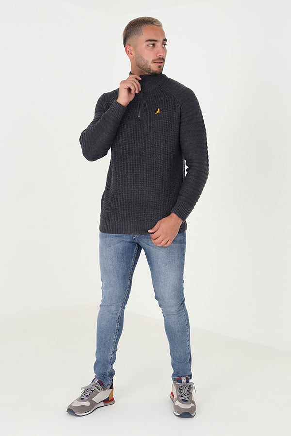 Brave Soul Dark Grey Quarter Zip Waffle Knit Jumper - Dark Grey Image 3