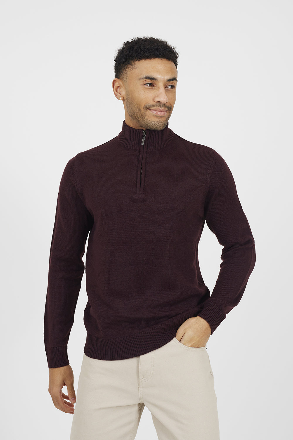 Brave Soul Burgundy Quarter Zip Funnel Neck Sweater - Burgundy Image 1