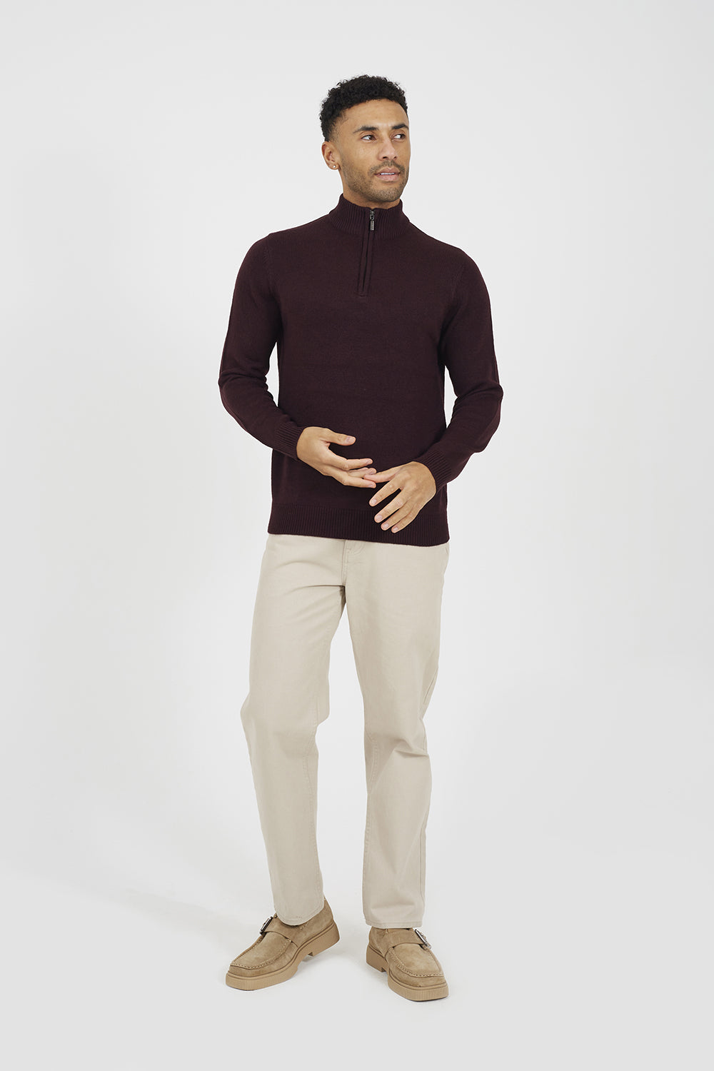 Brave Soul Burgundy Quarter Zip Funnel Neck Sweater - Burgundy Image 3