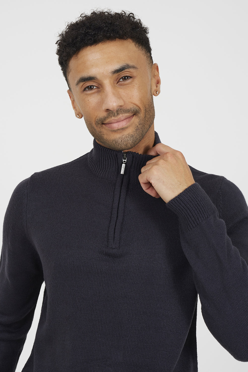 Brave Soul Navy Quarter Zip Funnel Neck Sweater - Navy Image 4