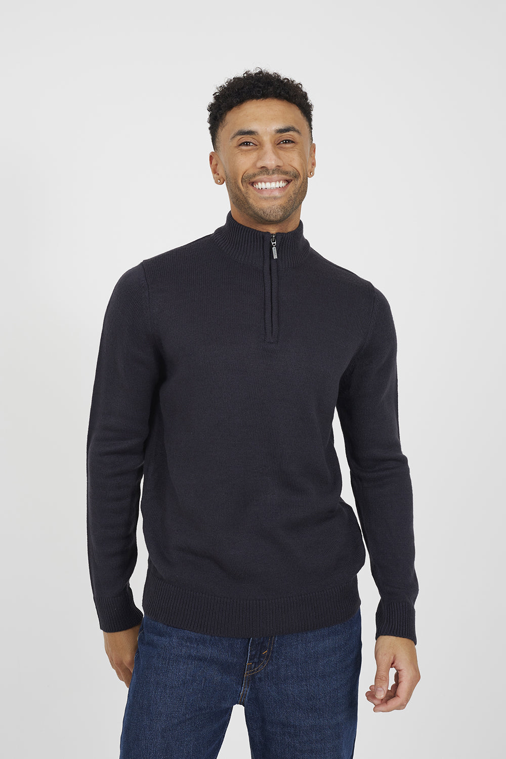 Brave Soul Navy Quarter Zip Funnel Neck Sweater - Navy Image 1