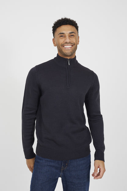 Brave Soul Navy Quarter Zip Funnel Neck Sweater - Navy Image 1
