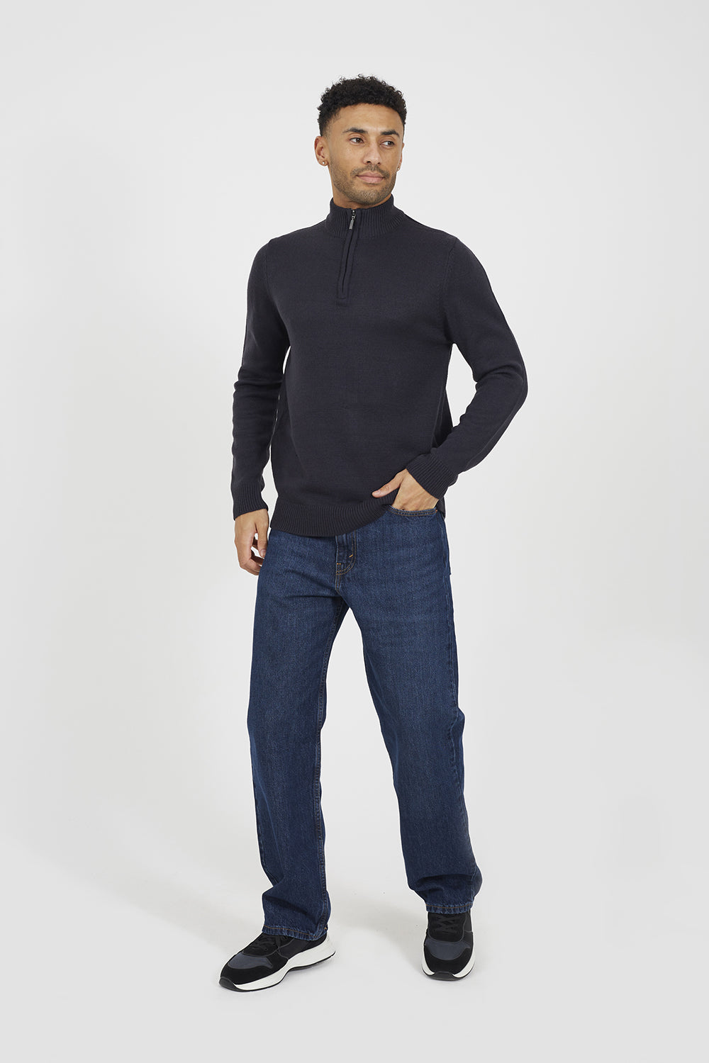 Brave Soul Navy Quarter Zip Funnel Neck Sweater - Navy Image 3
