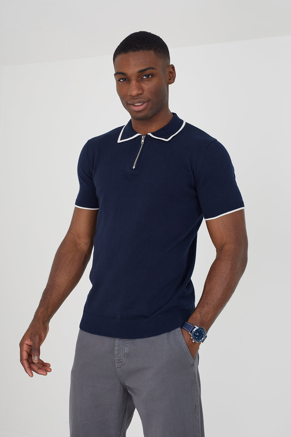 Brave Soul Dark Navy Short Sleeve Knitted Polo Shirt - Dark Navy Image 1