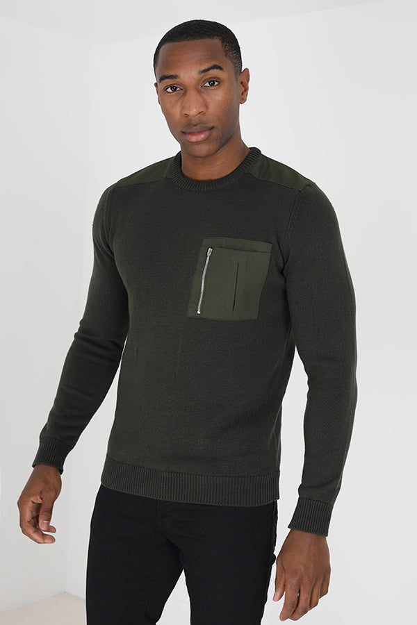 Brave Soul Khaki Knitted Jumper With Chest Pocket - Khaki Image 1