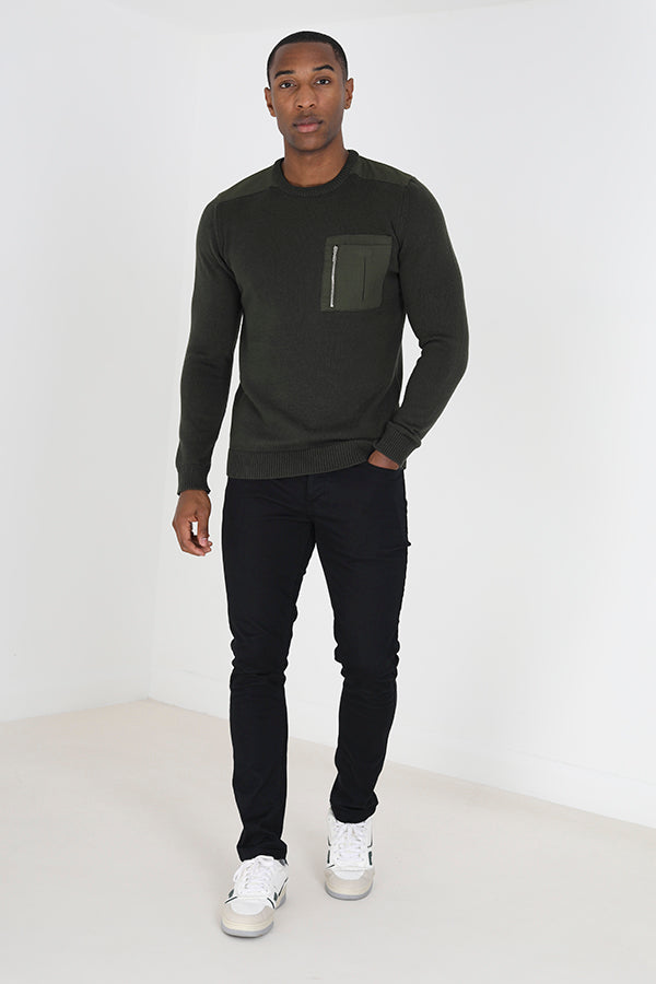 Brave Soul Khaki Knitted Jumper With Chest Pocket - Khaki Image 3