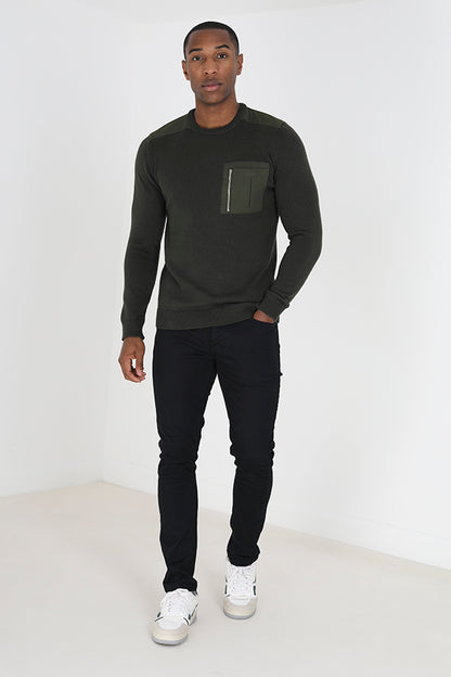 Brave Soul Khaki Knitted Jumper With Chest Pocket - Khaki Image 3