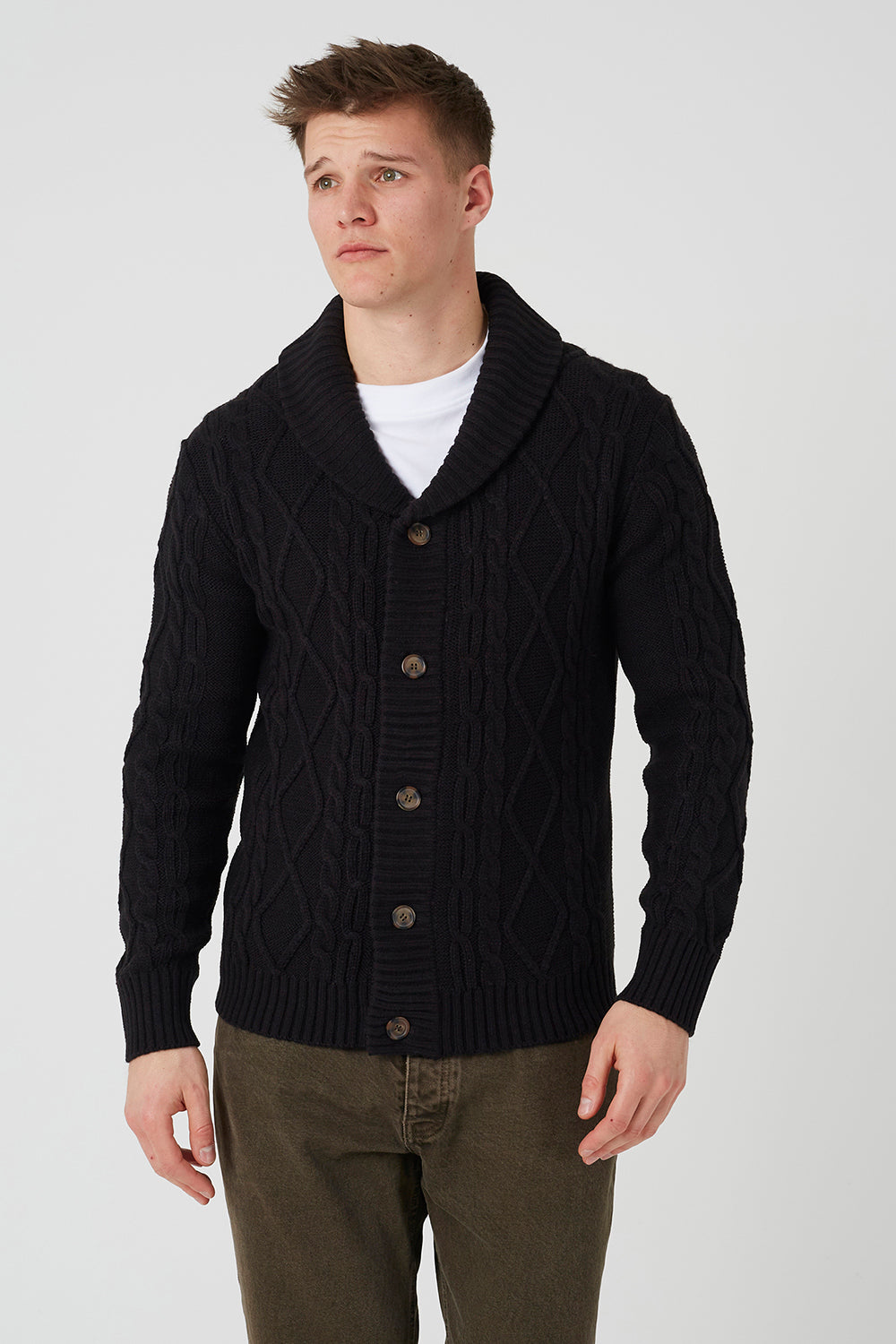 Brave Soul Black Shawl Collar Cable Knit Cardigan - Black Image 1