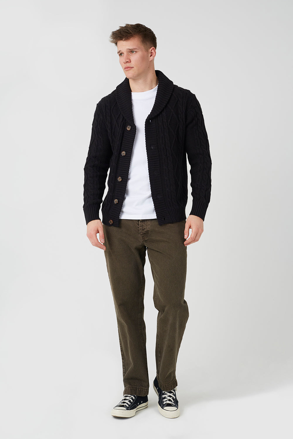 Brave Soul Black Shawl Collar Cable Knit Cardigan - Black Image 3