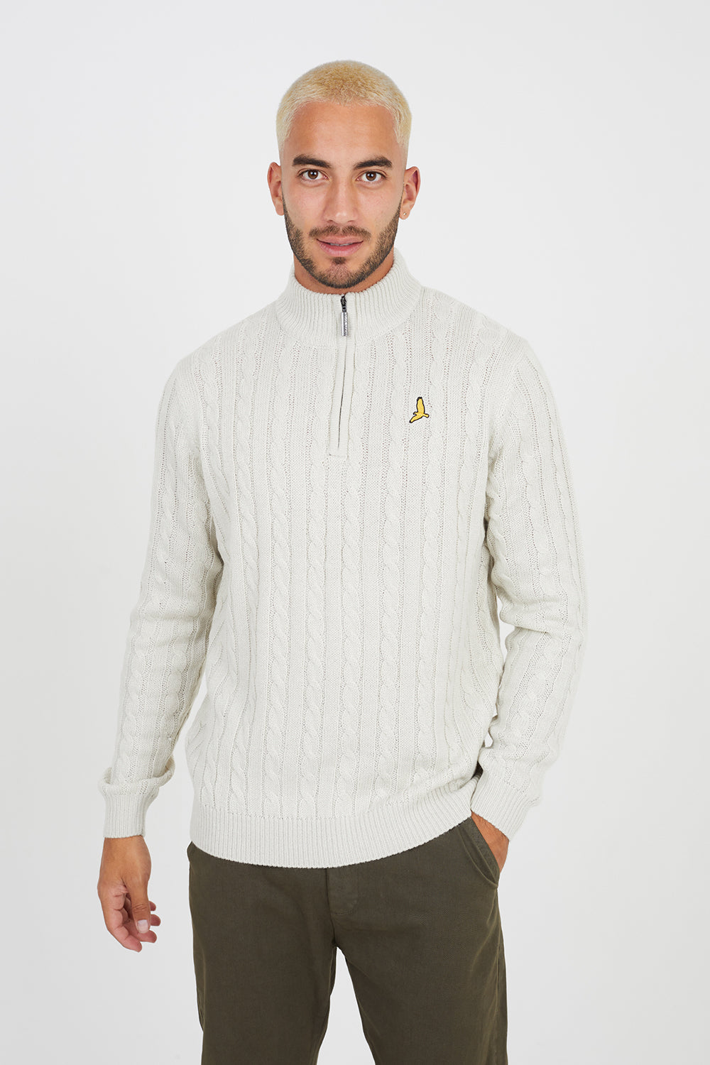 Brave Soul Light Beige Quarter Zip Neck Cable Knit Jumper - Light Beige Image 1