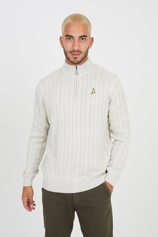 Brave Soul Light Beige Quarter Zip Neck Cable Knit Jumper - Light Beige Image 1