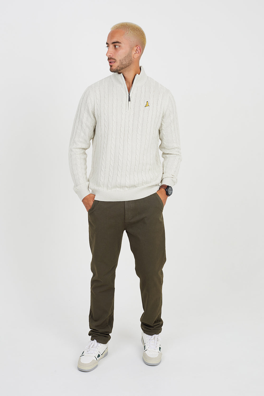 Brave Soul Light Beige Quarter Zip Neck Cable Knit Jumper - Light Beige Image 3