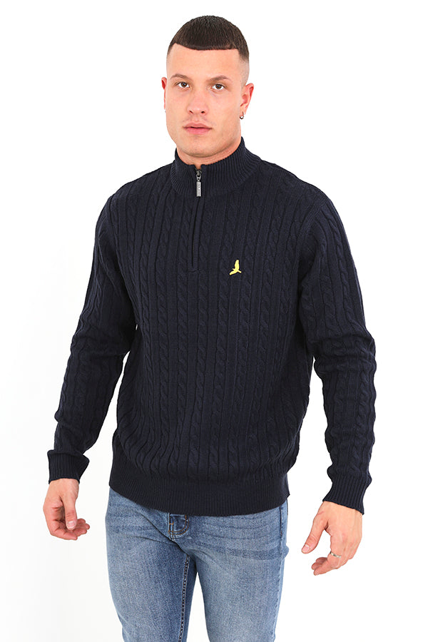 Brave Soul Midnight Quarter Zip Neck Cable Knit Jumper - Midnight Image 1