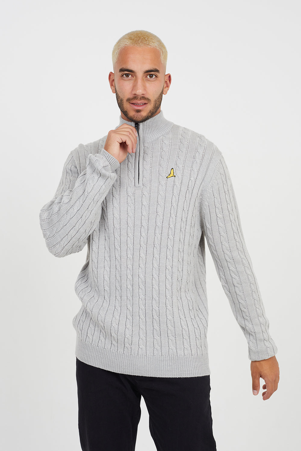 Brave Soul Grey Quarter Zip Neck Cable Knit Jumper - Grey Image 1