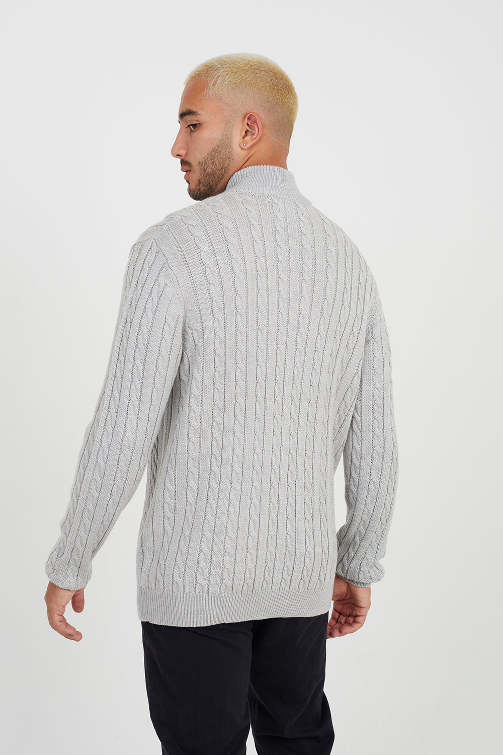 Brave Soul Grey Quarter Zip Neck Cable Knit Jumper - Grey Image 2