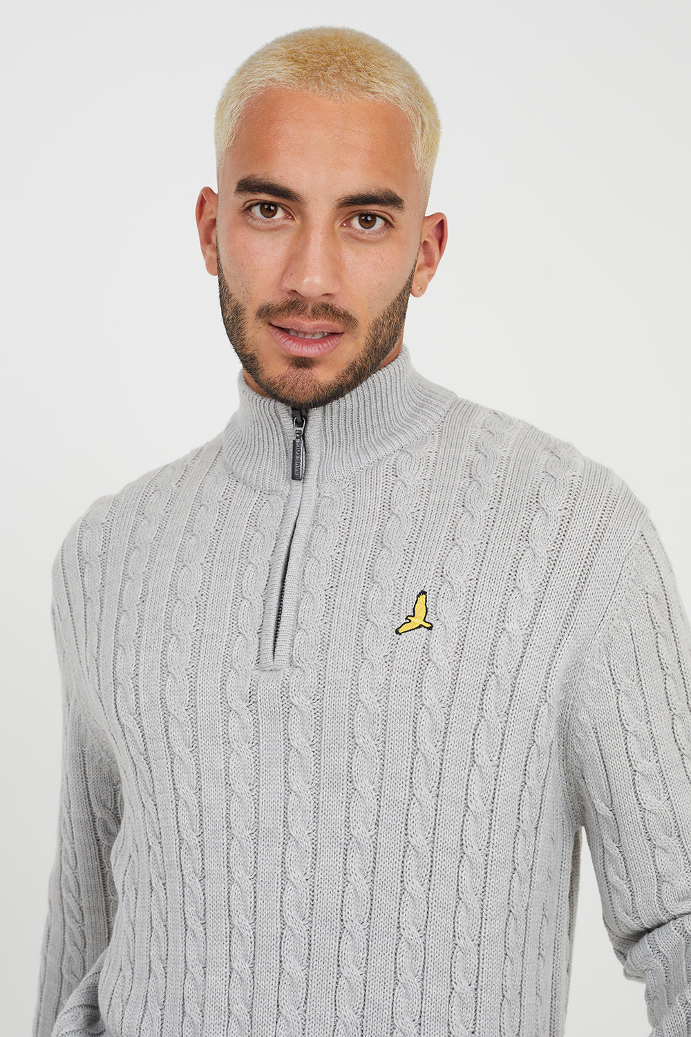 Brave Soul Grey Quarter Zip Neck Cable Knit Jumper - Grey Image 3