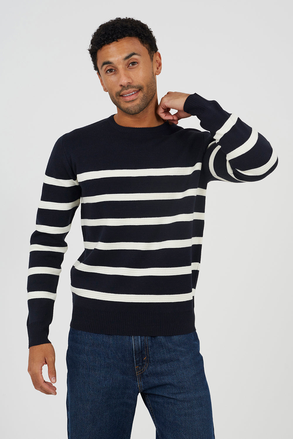 Brave Soul Navy Crew Neck Striped Jumper - Navy Image 1