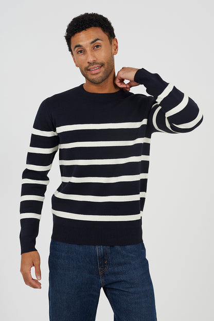 Brave Soul Navy Crew Neck Striped Jumper - Navy Image 1