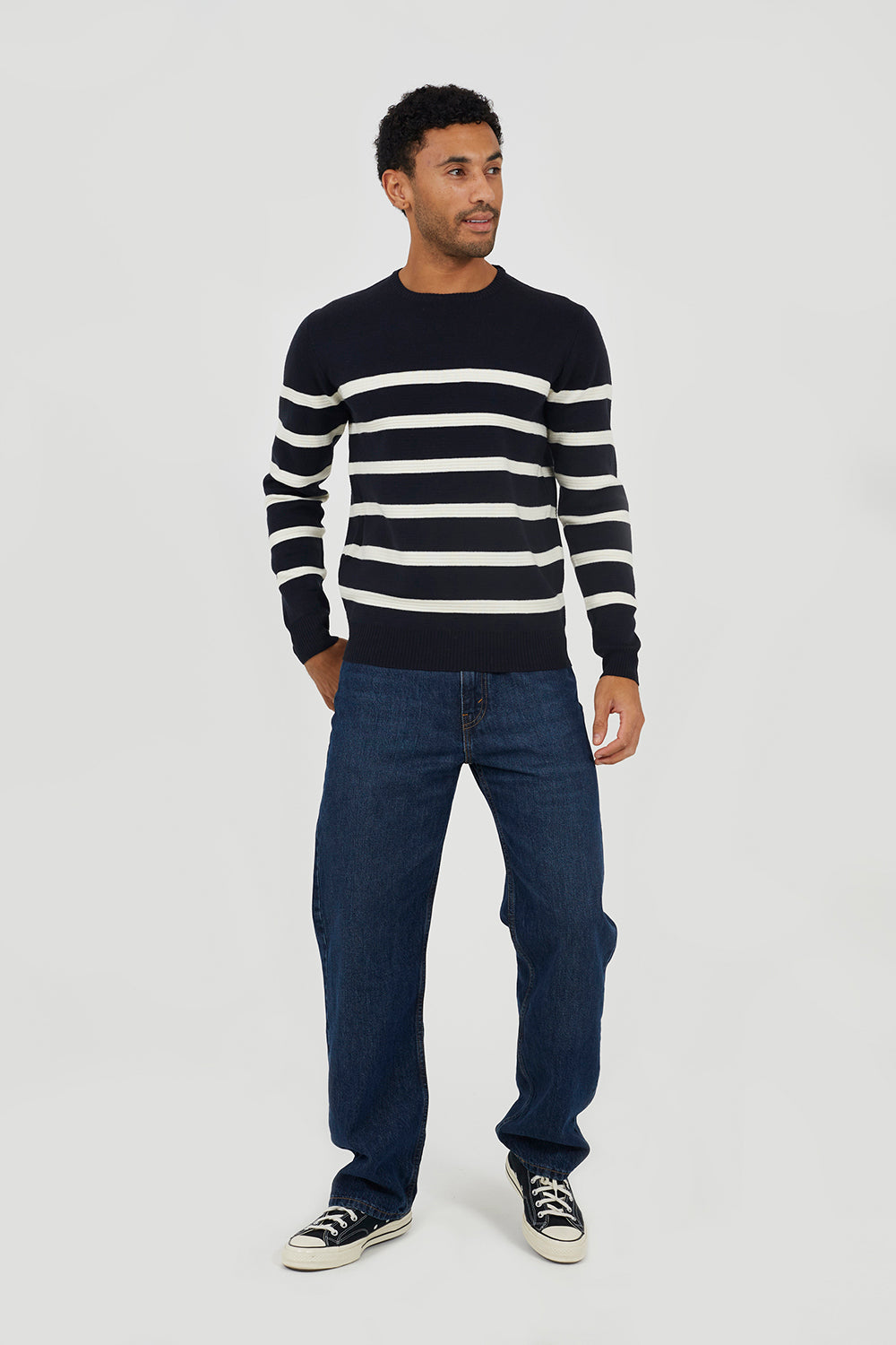 Brave Soul Navy Crew Neck Striped Jumper - Navy Image 3