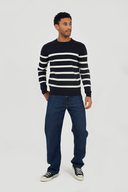 Brave Soul Navy Crew Neck Striped Jumper - Navy Image 3