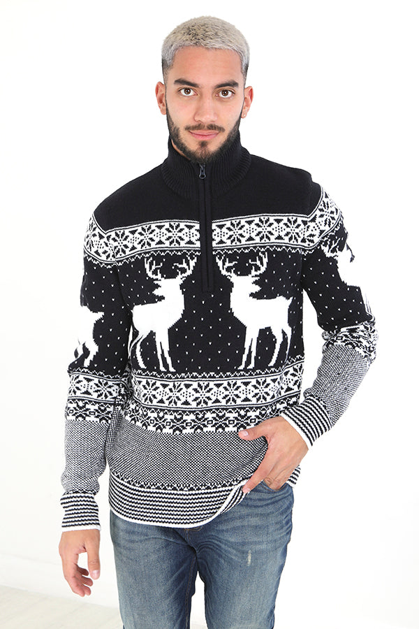 Brave Soul Dark Navy Quarter Zip Neck Fairisle Christmas Jumper - Dark Navy Image 1