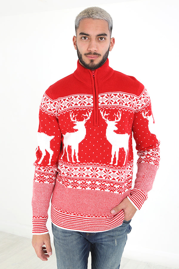 Brave Soul Red Quarter Zip Neck Fairisle Christmas Jumper - Red Image 1