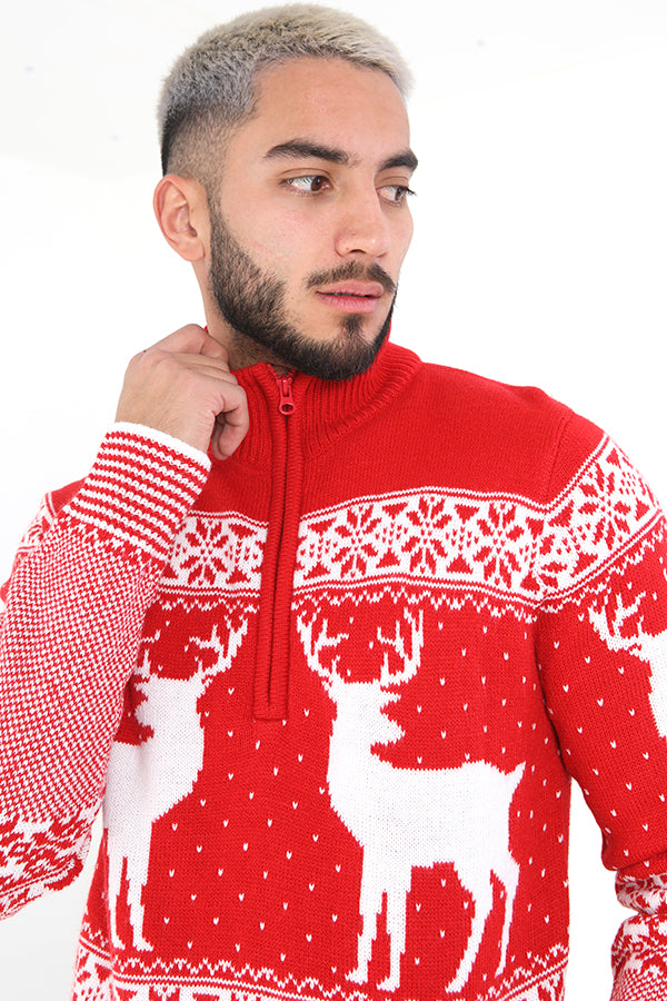 Brave Soul Red Quarter Zip Neck Fairisle Christmas Jumper - Red Image 3