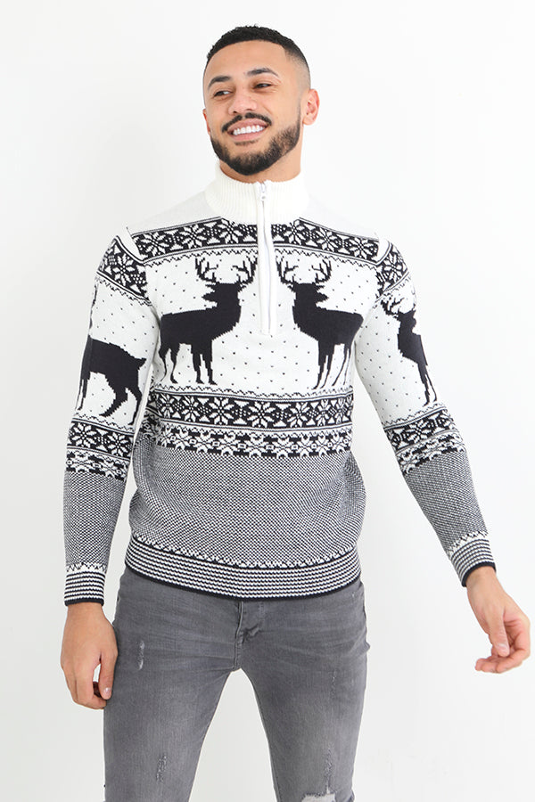 Brave Soul White Quarter Zip Neck Fairisle Christmas Jumper - White Image 1