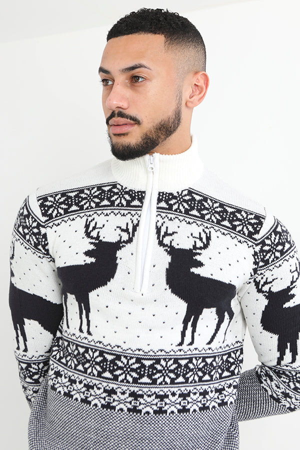 Brave Soul White Quarter Zip Neck Fairisle Christmas Jumper - White Image 3