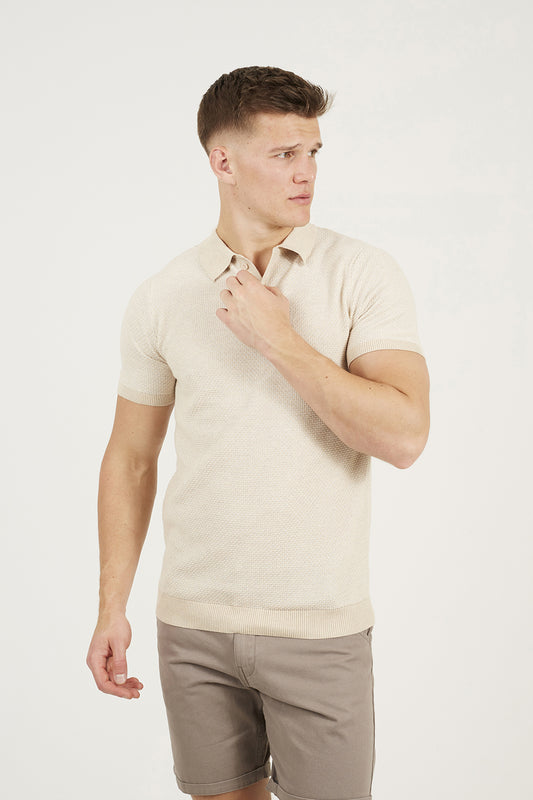 Brave Soul Beige Jacquard Polo Shirt - Beige Image 1