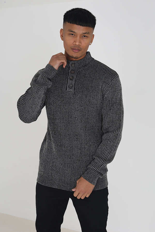 Brave Soul Black Button Funnel Neck Knitted Jumper - Black Image 1