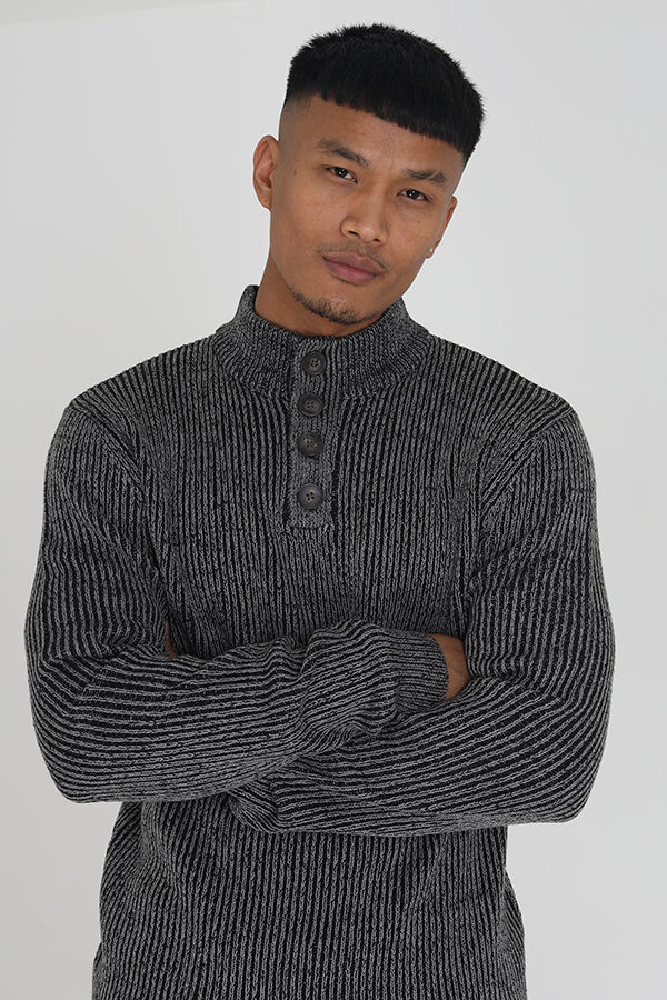 Brave Soul Black Button Funnel Neck Knitted Jumper - Black Image 3