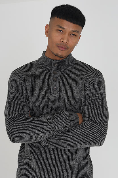 Brave Soul Black Button Funnel Neck Knitted Jumper - Black Image 3