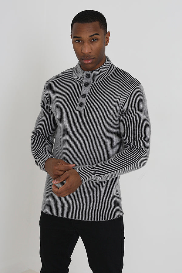 Brave Soul Light Grey Button Funnel Neck Knitted Jumper - Light Grey Image 1