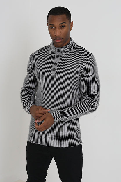 Brave Soul Light Grey Button Funnel Neck Knitted Jumper - Light Grey Image 1